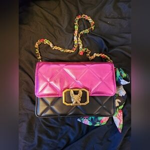 Betsey Johnson French Bulldog Black Pink Quilted Flap Bag Chain Purse NWOT